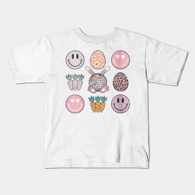 Retro Groovy Bunny Smile Disco Eggs Carrot Happy Easter Day Kids T-Shirt by Mitsue Kersting